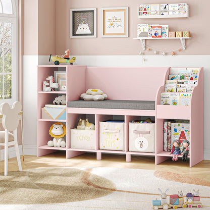 HOSTACK Pink Kids Reading Nook Bookshelf with Storage Cubbies and Bench - WoodArtSupply