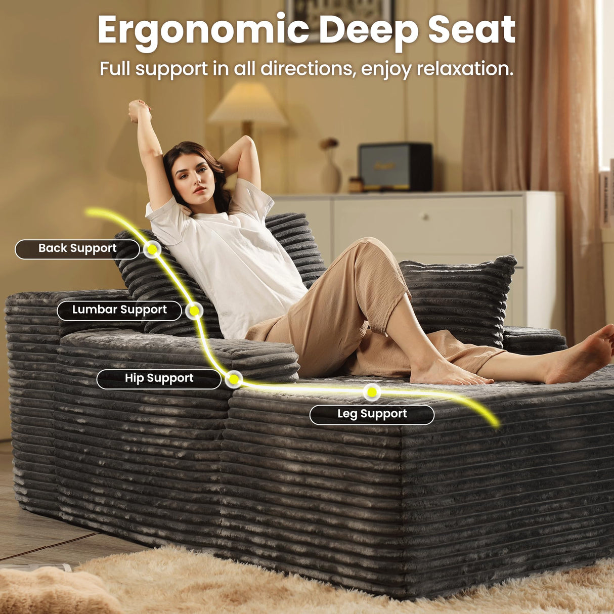 ovios 67''x48'' Chaise Lounge Chair Indoor, Upholstered Sofa Bed with 2 Throw Pillows and Armrests, Comfy Fluffy Plush Oversized Sleeper Couch for Living Room, Grey ovios