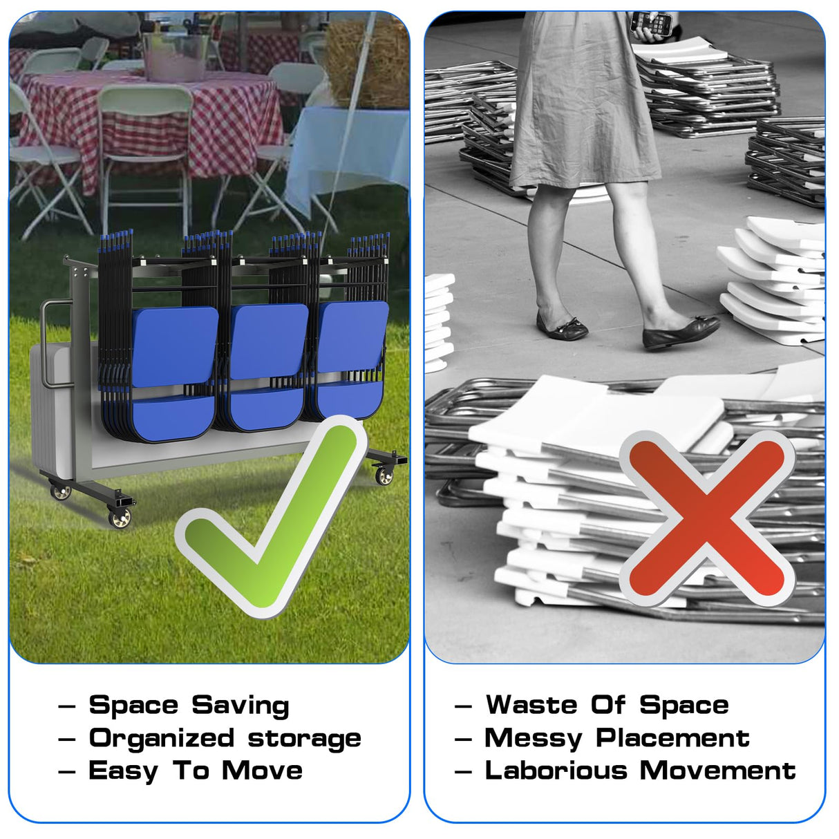 Grey Folding Chair and Table Cart, 400LBS Weight Capacity Folding Chair Dolly with 4In Swivel Wheels Make Storing and Transporting Chairs Easy Chair Storage Rack with Straps and Cover to Space Saving Qinqi