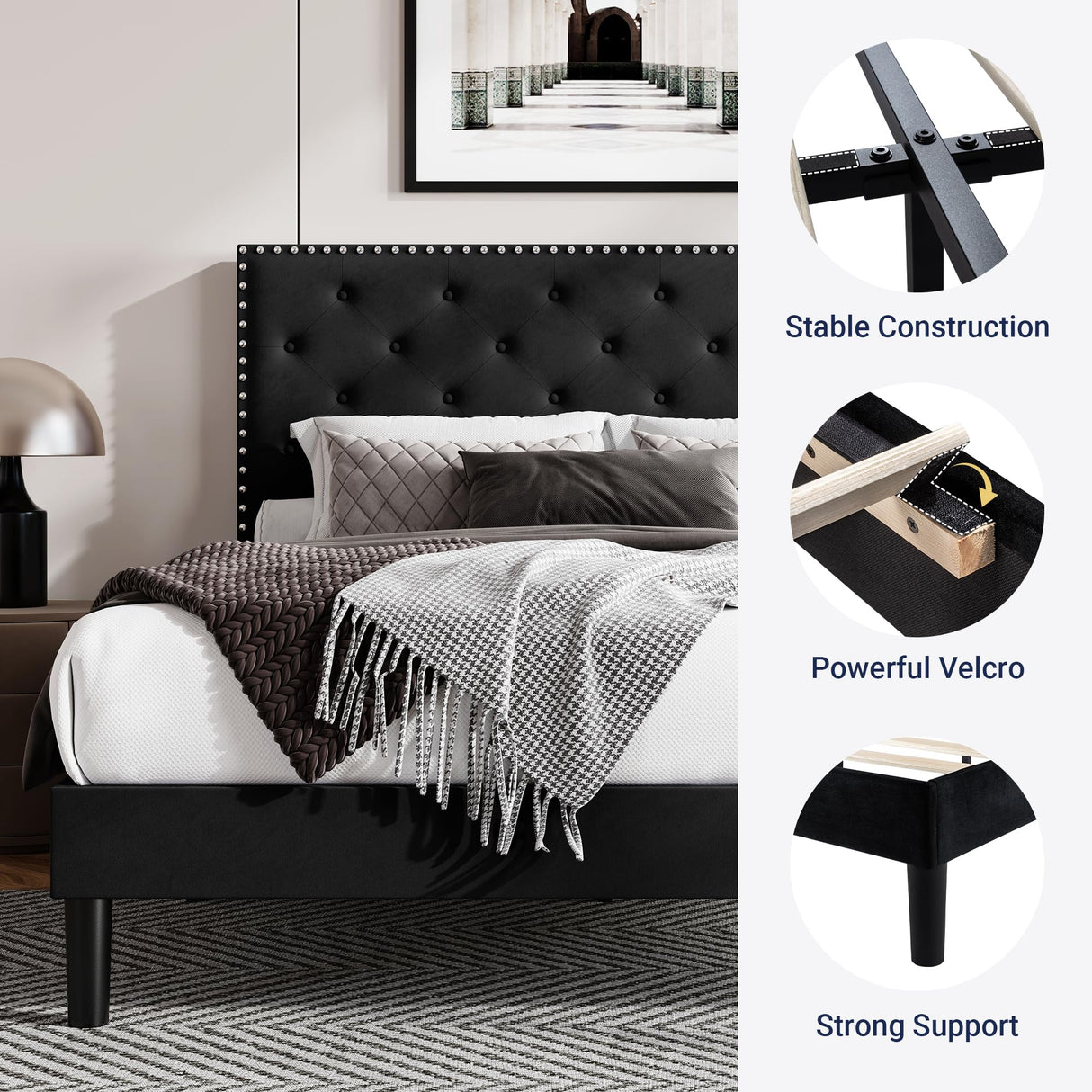 Allewie Full Size Bed Frame, Velvet Upholstered Platform Bed with Adjustable Diamond Button Tufted & Nailhead Trim Headboard, Wood Slat Support, Easy Assembly, No Box Spring Needed, Black Allewie