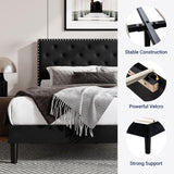 Allewie Full Size Bed Frame, Velvet Upholstered Platform Bed with Adjustable Diamond Button Tufted & Nailhead Trim Headboard, Wood Slat Support, Easy Assembly, No Box Spring Needed, Black Allewie