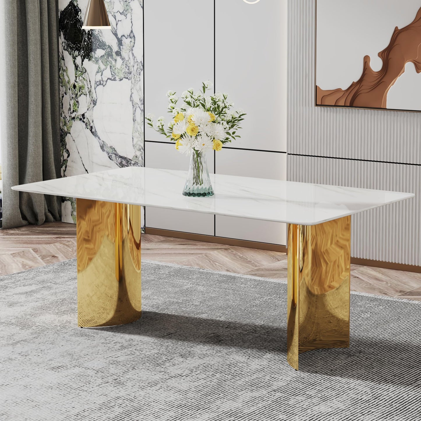 Modern Dining Table for 8,White Marble Kitchen Table with Golden Stainless Steel Base,71'' Gold Dining Table Ideal for Kitchen Dining Room - WoodArtSupply