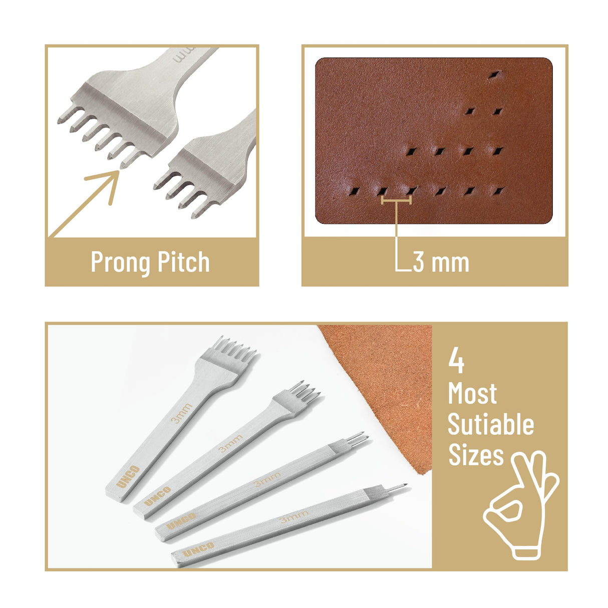 UNCO Leather Stitching Tool, 4 Pack, 3mm, 1/2/4/6 Prong, Chisel, Hole Punch UNCO