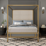Queen Modern Canopy Bed Frame - Metal 4-Poster with Tall Linen Upholstered Headboard, Box Spring Required (Gold,Tan, Queen) BEDGJH