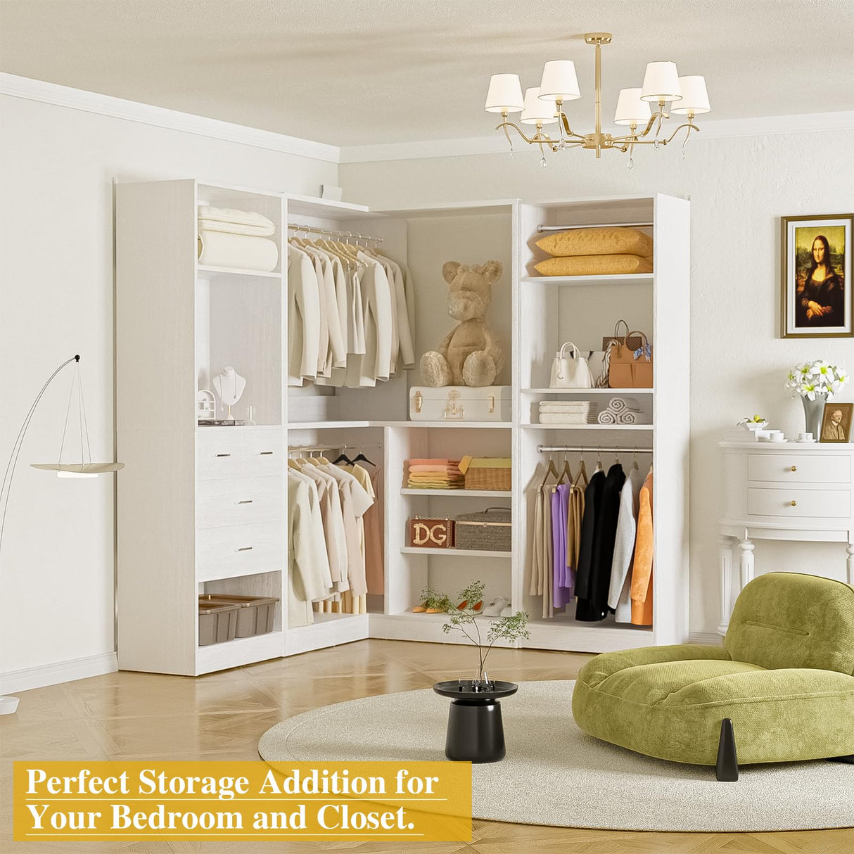 Unikito 86” Closet System, Large Corner Closets Organizer with Hanging Rods and Mirror Design, Freestanding Adjustable Wood Clothes Garment Rack with Drawers, Sturdy Walk in Closet Tower, White Unikito