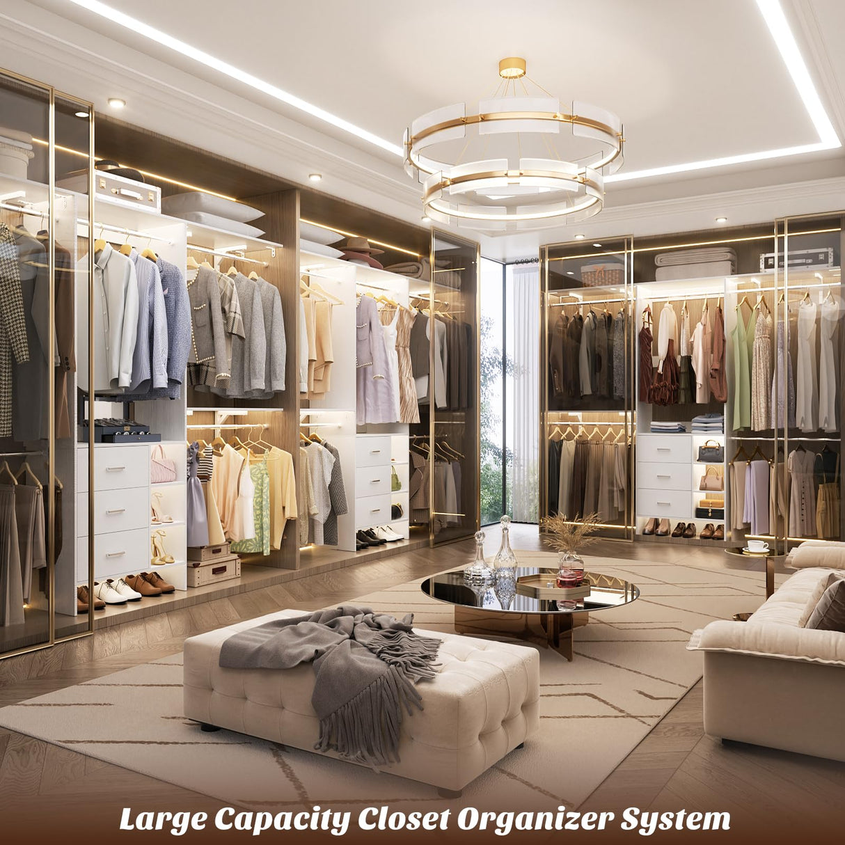 Aheaplus Closet System, Closet Organizer with 3 Wooden Drawers, 8FT Closet Organizer System, 96’’ Walk-in Closet Wardrobe Clothes Rack with Hanging Rods, Garment Rack, Fits 5.3-9 ft, -W3,White Aheaplus