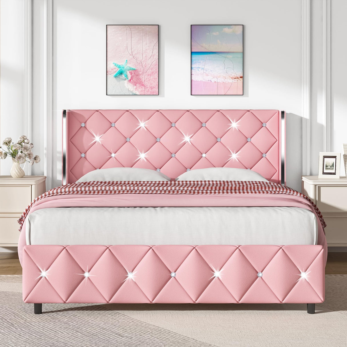 HOMBCK Full Size Bed Frame, Upholstered Bed with Diamond Headboard, Pink Bed Frame Full with Wingback Headboard & Footboard, No Box Spring Needed, Easy Assembly, Pink HOMBCK