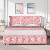 HOMBCK Full Size Bed Frame, Upholstered Bed with Diamond Headboard, Pink Bed Frame Full with Wingback Headboard & Footboard, No Box Spring Needed, Easy Assembly, Pink HOMBCK