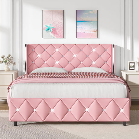 HOMBCK Full Size Bed Frame, Upholstered Bed with Diamond Headboard, Pink Bed Frame Full with Wingback Headboard & Footboard, No Box Spring Needed, Easy Assembly, Pink HOMBCK