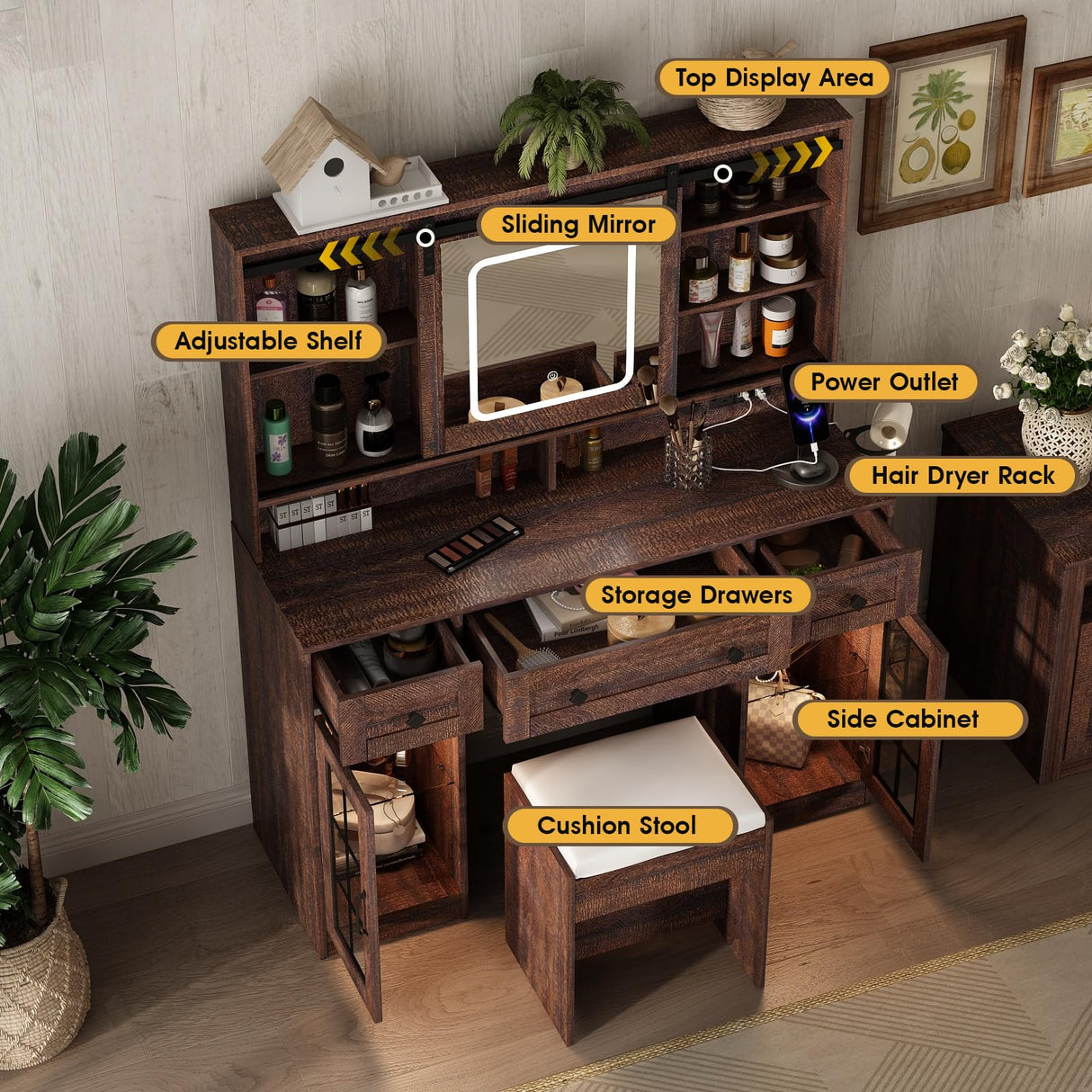 Fameill 45.5'' Farmhouse Makeup Vanity Desk with Sliding Mirror, Vanity Table with 3 Drawers and 2 Cabinets, Charging Station & LED Lights, Storage Shelves, Stool Included, Dressing Table for Bedroom Fameill