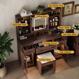 Fameill 45.5'' Farmhouse Makeup Vanity Desk with Sliding Mirror, Vanity Table with 3 Drawers and 2 Cabinets, Charging Station & LED Lights, Storage Shelves, Stool Included, Dressing Table for Bedroom Fameill