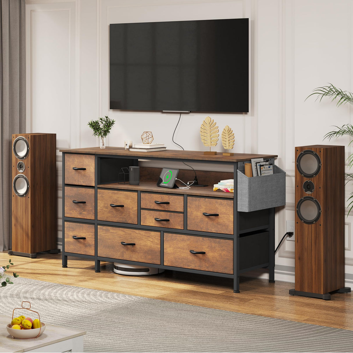 YITAHOME Dresser TV Stand with Power Outlet for 55'' TV, 9 Drawer Dresser for Bedroom, Media TV Console Table with Side Pockets & Hooks, Fabric Dresser Chest of Drawers for Bedroom, Living Room YITAHOME