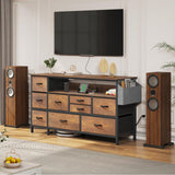 YITAHOME Dresser TV Stand with Power Outlet for 55'' TV, 9 Drawer Dresser for Bedroom, Media TV Console Table with Side Pockets & Hooks, Fabric Dresser Chest of Drawers for Bedroom, Living Room YITAHOME