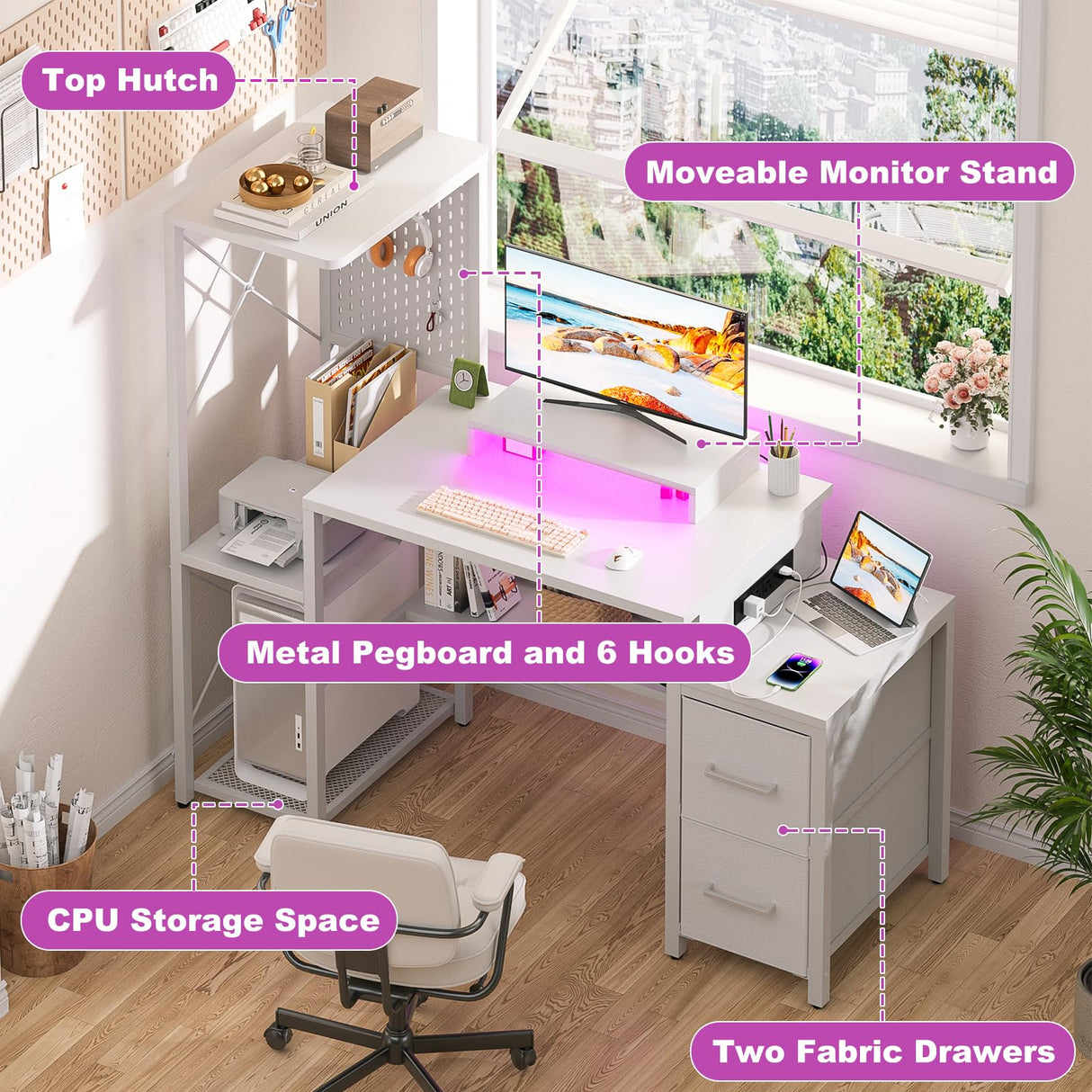 Small Gaming Desk with 2 Fabric Drawers - Reversible Computer Desk with Power Outlet & LED Lights, 49" Office Desk with Monitor Stand & Storage Shelves, Writing Study Table with Pegboard, White Besiost