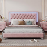 Flieks 3-Piece Pink Bedroom Set with Queen Upholstered Platform Bed and LED Lights, Including 2 Nightstands Flieks