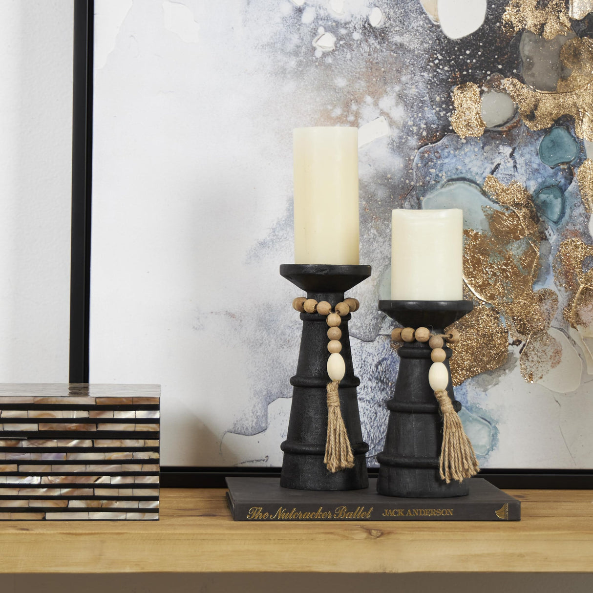Deco 79 Wood Handmade Decorative Candle Holder Textured Matte Candle Stand with Beaded Garland Accent, Set of 2 Candlestick Holder 10", 8" H, Black Deco 79