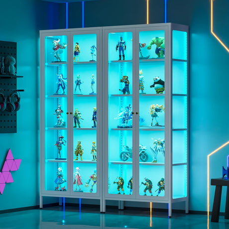 Lucky Monet 5-Tier Display Cabinet with 12 Color Lights & Glass Doors, 67" Lighted Curio Cabinet with Adjustable Shelves, Glass Metal Display Case for Collectibles Figures China (White) Lucky Monet