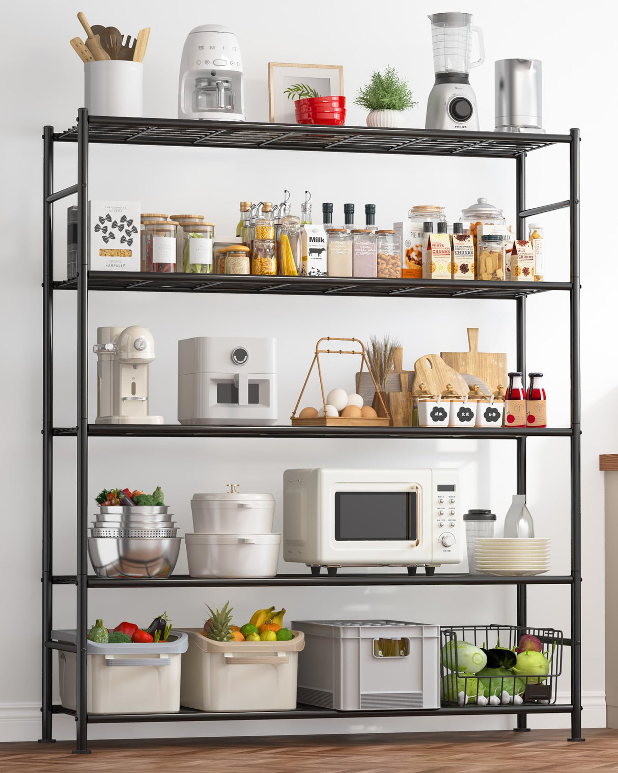 Sakugi Storage Shelves - 5 Tier Shelf Organizer, Sturdy Metal Garage Shelving with Adjustable Leveling Feet, Space-Saving Shelves Organizer for Pantry, Laundry, Kitchen (47" x 12" x 60", Black) Sakugi