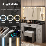 Vabches Vanity Desk with Mirror and Lights,Glass Top,Makeup Vanity Table Set with Stool,Charging Station and 3 Lighting Modes,2 Cabinets 3 Drawers Dressing Table，White Vabches