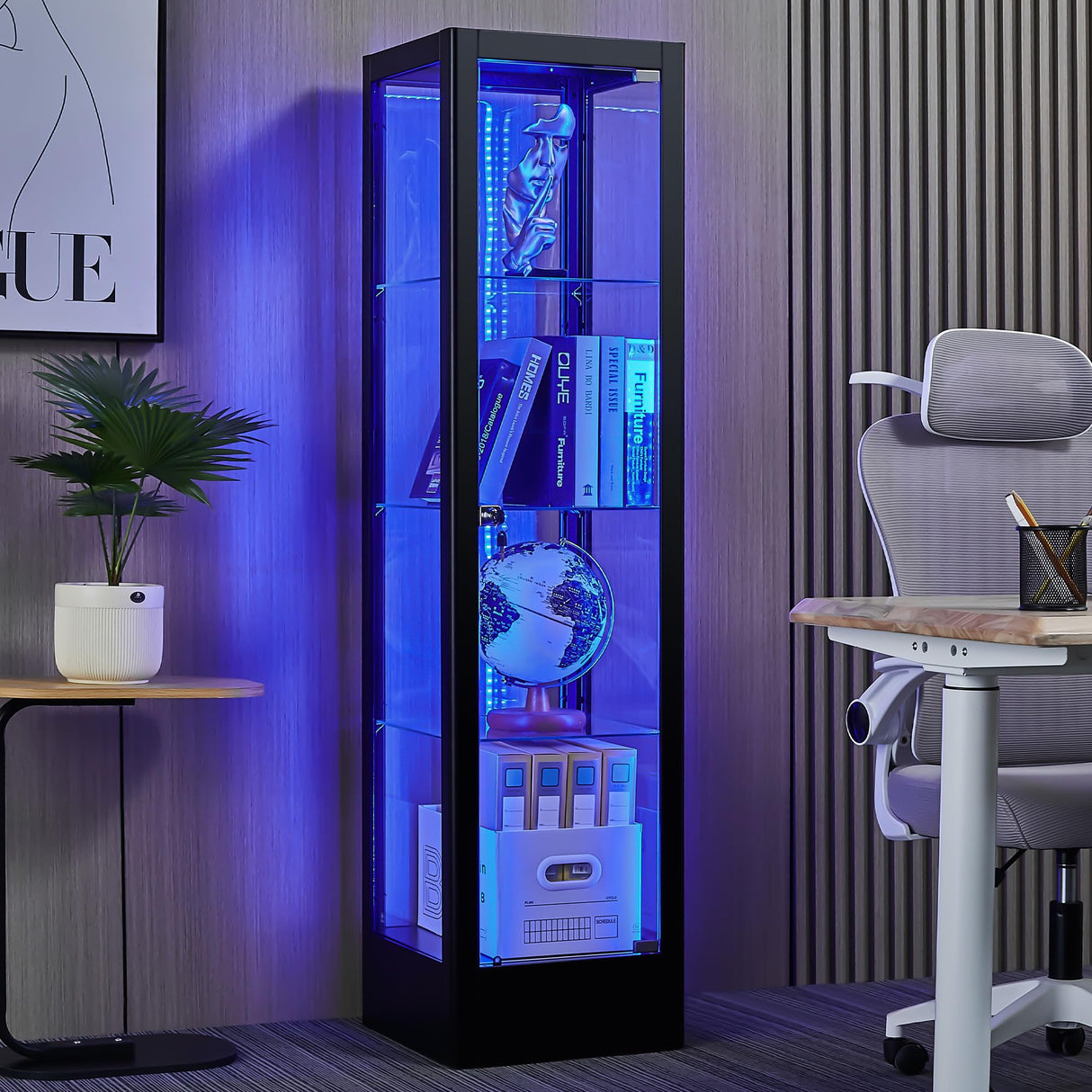 Foreate 4-Tier Glass Display Cabinet Case with 13 Colors Light & Lock, 63" Curio Cabinet with Glass Door & Adjustable Shelves, Thickened 5MM Tempered Glass Collectibles Display Case Bookshelf, Black Foreate