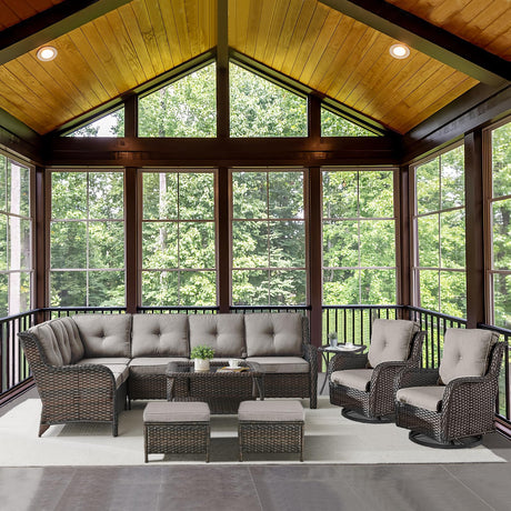 Outdoor Furniture Sectional Sofa L Shaped Couch - Patio Wicker Set with 2 Swivel Glider Chairs, 8 Piece Rattan Patio Conversation Sets with Gray Cushion for Deck Backyard Sunroom Grey Cushion Belord