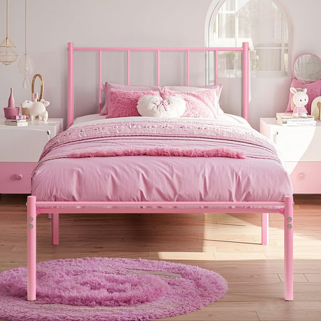 VECELO Twin Metal Platform Bed Frame with Headboard, Heavy Duty Steel Slat Support, Under Bed Storage,No Box Spring Needed, Easy Assembly VECELO