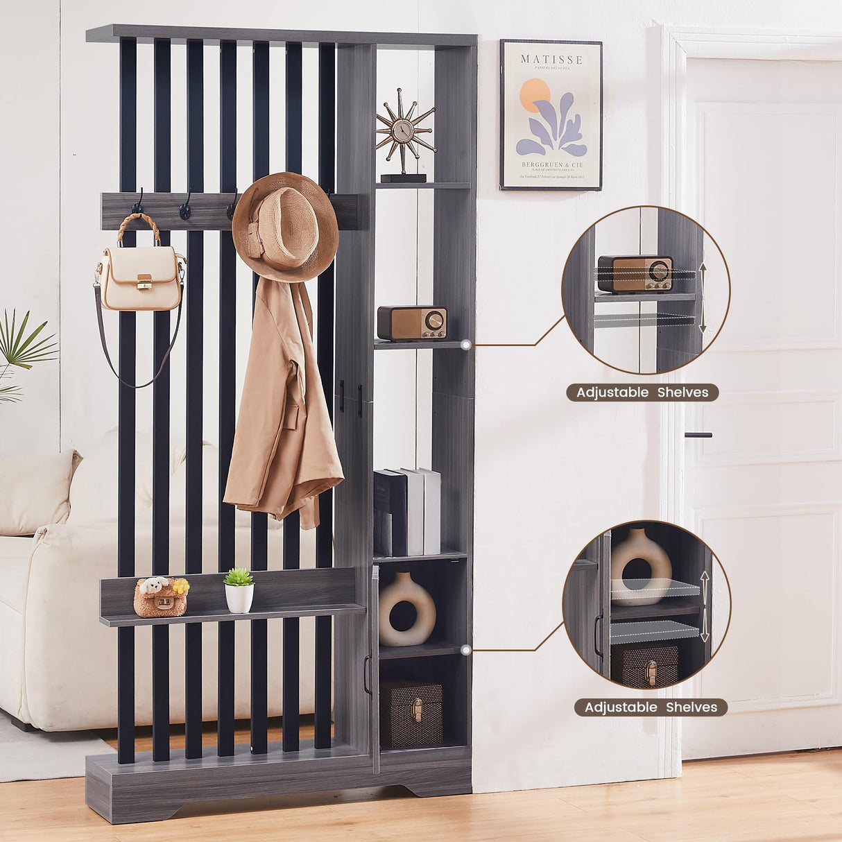 Room Divider with Shelves, Wall Room Divider Bookshelf, Freestanding Wood Privacy Screen with Storage Cabinet, Coat Rack, Display Shelf for Living Room Separation, Home Office Decorative SAHISTCT