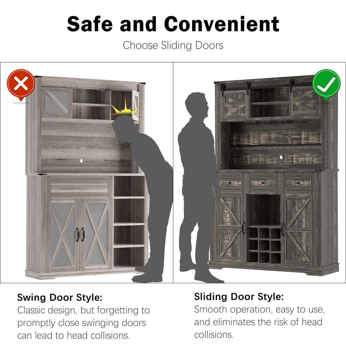Farmhouse Coffee Bar Cabinet,72" Kitchen Hutch with Storage, Buffet Sideboard Cupboard with Adjustable Shelves, Sliding Barn Door, Wine & Glasses Rack for Kitchen, Dining Room, Dark Rustic Oak Redpick