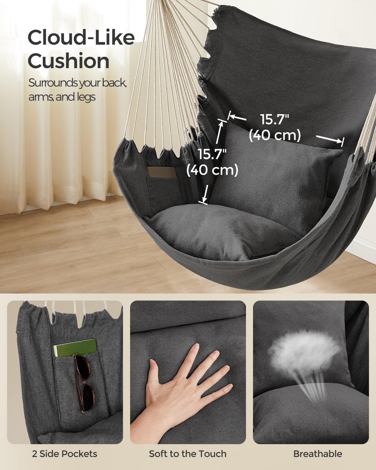 SONGMICS Hammock Chair, Load Capacity 500 lb, Hanging Chair with 2 Cushions, Large Hammock Swing with Chain and Pocket, for Indoor, Outdoor, Living Room, Bedroom, Slate Gray UGDC197G02 SONGMICS