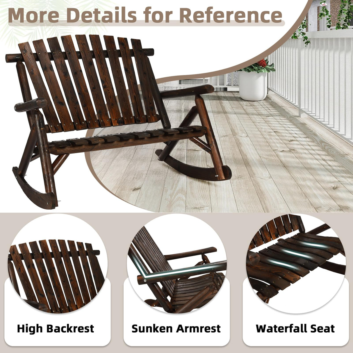 EPICOZY Outdoor Double Wooden Rocking Bench, Adirondack Porch Rocker Chair for 2 Persons, Patio Rustic Log Rocker Loveseat with High Slatted Seat & Backrest for Deck, Backyard, Garden, Carbonized EPICOZY
