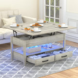 SYESWAY Lift Top Coffee Table with LED, 3-in-1 Multifunctional Coffee Table with Drawers and Hidden Compartments, Coffee Table Converts to Dining Table, for Living Room, Reception Room, Grey SYESWAY