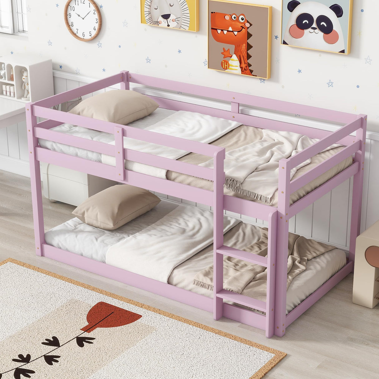 Twin Over Twin Bunk Bed with Full Guardrails and Ladder,Low Bunkbed Fram w/Safety Guard Rails for Teens Adults No Box Spring Need (Pink) Majnesvon