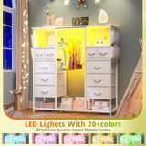 Romorgniz White Dressers for Bedroom with Hanging Rack, 10 Drawers Dresser with LED Lights & Charging Station, Chest of Drawers & Wooden Top, Bedroom, 15.8" D x 47.3" W x 51.2" H Romorgniz