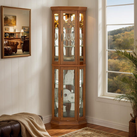 Eyisean Lighted Glass Display Cabinet, 70" H Corner Curio Cabinet with 6 Tempered Adjustable Shelves, China Cabinet with Vintage Carved Decoration, Light Blub Included, Rack for Living Room (Oak) Eyisean