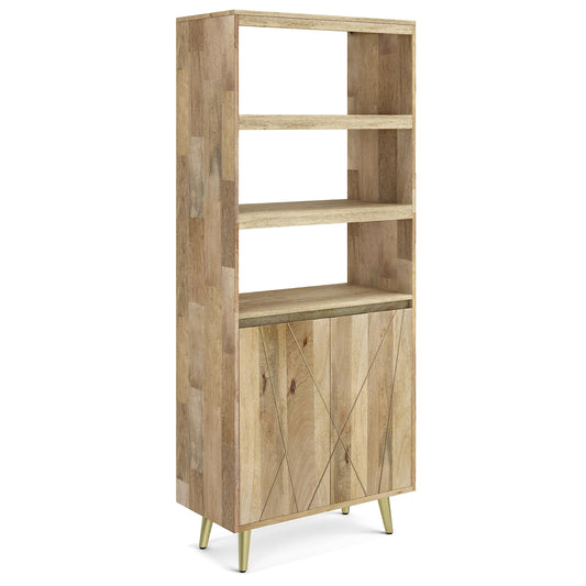 Contemporary Solid Mango Wood 30 Inch Bookshelf with Doors in Natural Finish - WoodArtSupply