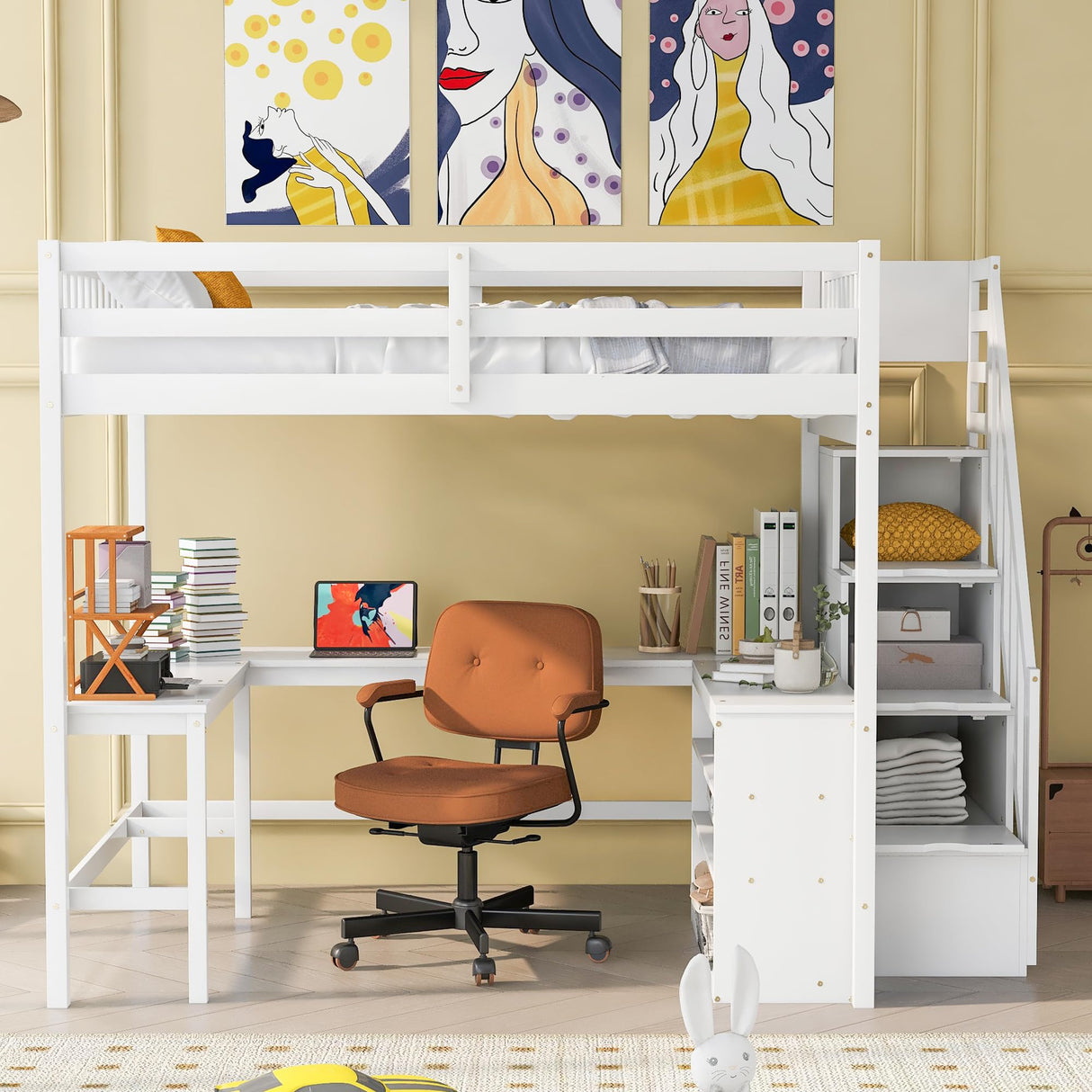 SOFTSEA White Full Loft Bed with L-Shaped Desk and Storage Stairs SOFTSEA
