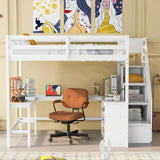 SOFTSEA White Full Loft Bed with L-Shaped Desk and Storage Stairs SOFTSEA