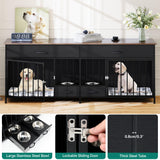 YITAHOME 74.8" Double Dog Crate Furniture with Dog Feeder, Heavy Duty Indoor Dog Kennel TV Stand with Drawers, Sturdy Dog Kennel with Divider for 2 Medium Large Dogs, Black YITAHOME