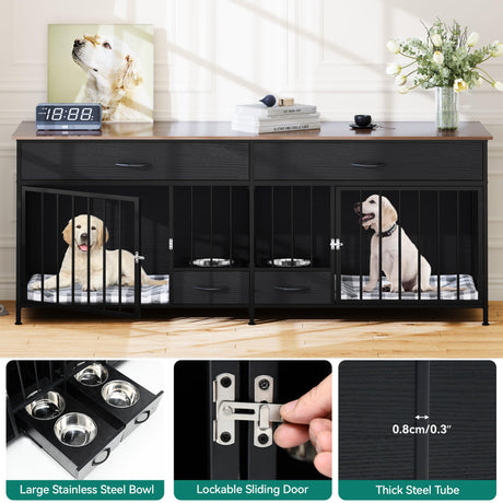 YITAHOME 74.8" Double Dog Crate Furniture with Dog Feeder, Heavy Duty Indoor Dog Kennel TV Stand with Drawers, Sturdy Dog Kennel with Divider for 2 Medium Large Dogs, Black YITAHOME
