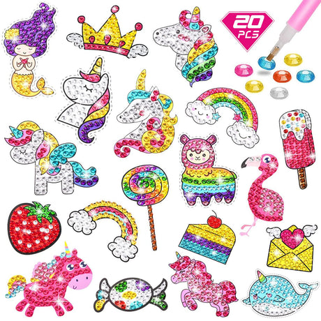 ACSAUMMY Diamond Painting Kits, 20pcs Uni-Corn Diamond Arts Paintings Stickers for Kids 5D DIY Diamond Dots Painting Self-Adhesive Mosaic Stickers Unicorn Gem Arts and Crafts for Kids Girls ACSAUMMY