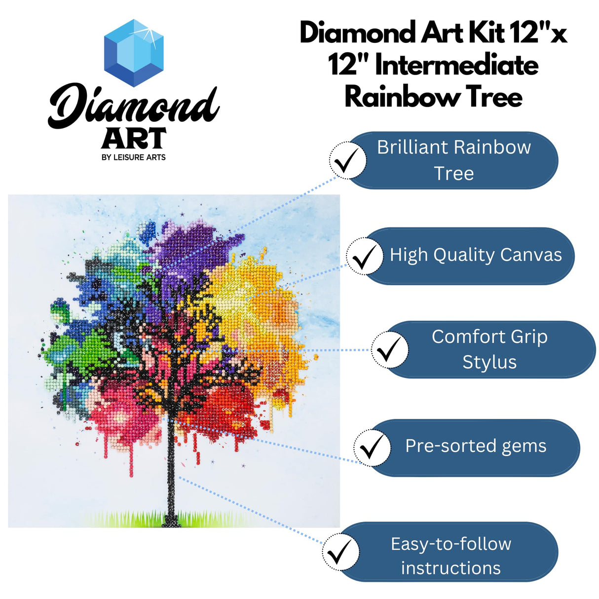 DIAMOND ART BY LEISURE ARTS Rainbow Tree Painting Kit – Intermediate DIY Craft with Round Gems – Relaxing Abstract Tree Canvas for Adults, 12" x 12" DIAMOND ART BY LEISURE ARTS