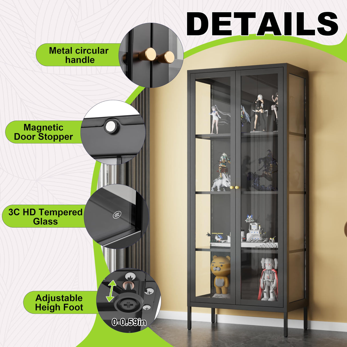 UNICOLY Glass Display Cabinet 4-Tier, Display Cabinet with Glass Doors, Curio Display Cabinet with Tempered Glass Doors,Metal Storage Cabinets for Living Room, Plant, Assembly Required, Black UNICOLY