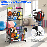 Luplom Sports Equipment Organizer Garage Ball Storage Rack for Sports Gear and Toys, Basketball Holder Stand with Basket and Hooks Rolling Ball Carts with Wheels for Indoor/Outdoor Use, Black Luplom