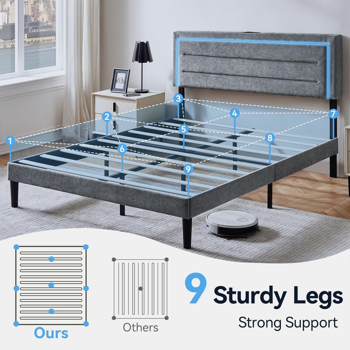 Queen Size Bed Frame with LED Lights and Charging Station, Chenille Upholstered Platform Queen Bed Frame with Headboard, No Box Spring Needed Bedframe, Noise Free, Easy Assembly, Gray Susalt