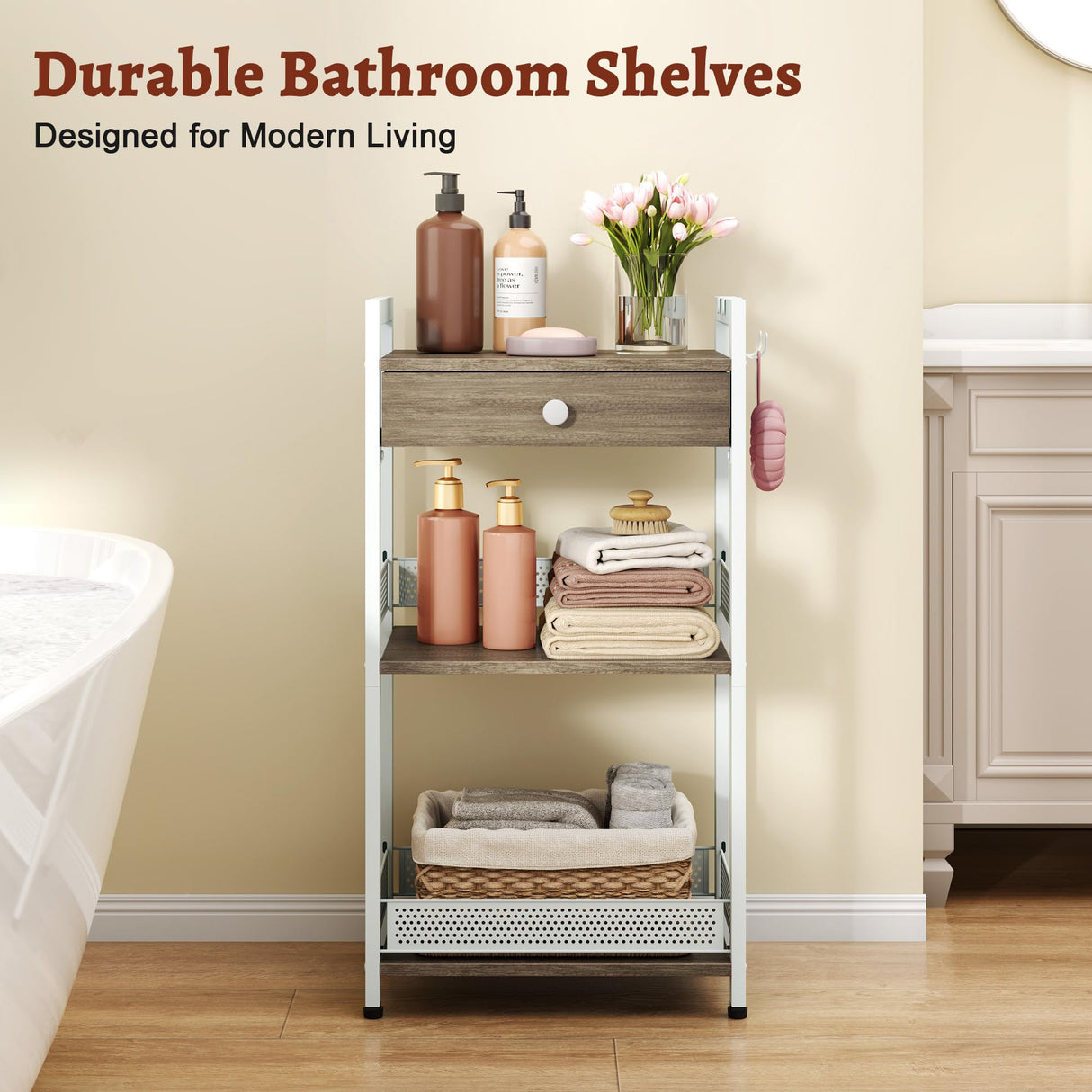 FAVOOSTY 3-Tier Bathroom Ladder Shelf Floor Storage Shelf with Drawer Freestanding Shelving Unit Bookcase End Table for Bathroom Living Room,Balcony-White FAVOOSTY