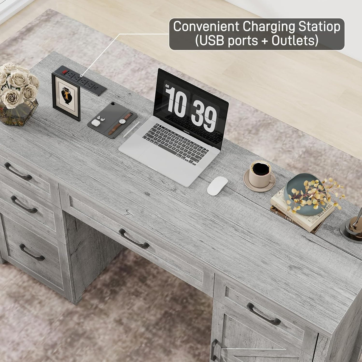 Farmhouse 61'' Executive Desk with 5 Drawers, Rustic Office Desk Computer Desk with Charging Station, File Drawers and Storage Cabinet, Wood Workstation for Home Office and Study,Grey. Vabches