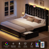 YITAHOME Queen Size Bed Frame with 4 Drawers and RGB LED Lights, Velvet Upholstered Platform Bed with Charging Station and Storage Headboard, No Box Spring Needed, Easy Assembly, Noise-Free, Black YITAHOME