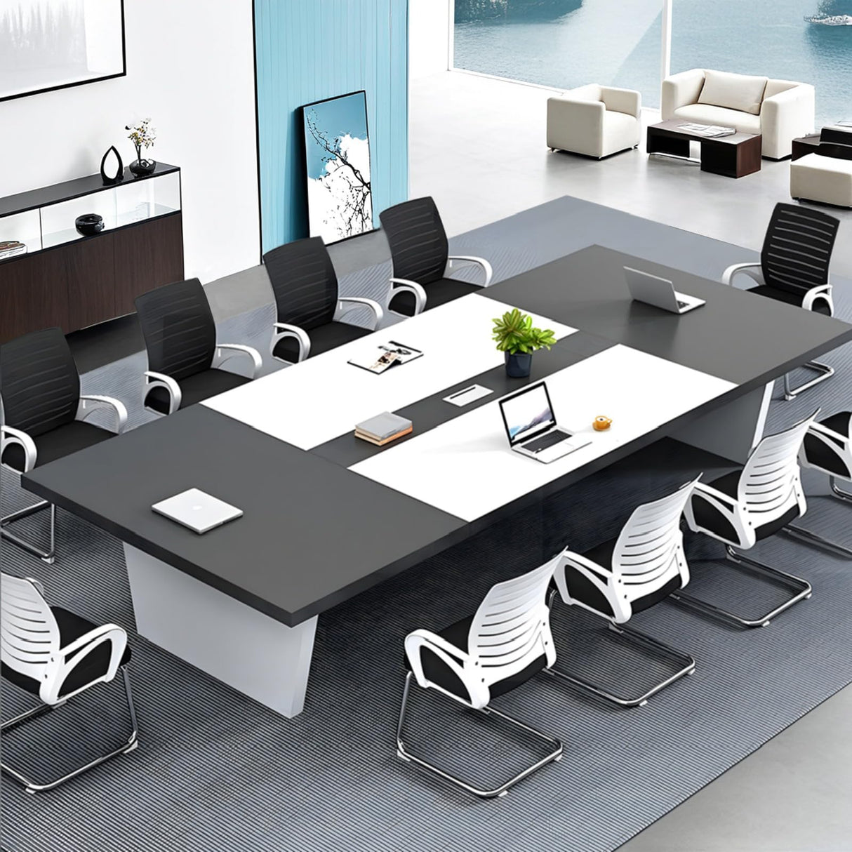 Anzhap 10FT Conference Table for 10 People – 118"L*51"W*29"H Large Rectangle Meeting Seminar Table with Cable Management, Thickened Desktop, Trapezoidal leg for Office Conference Room(White + Grey) Anzhap