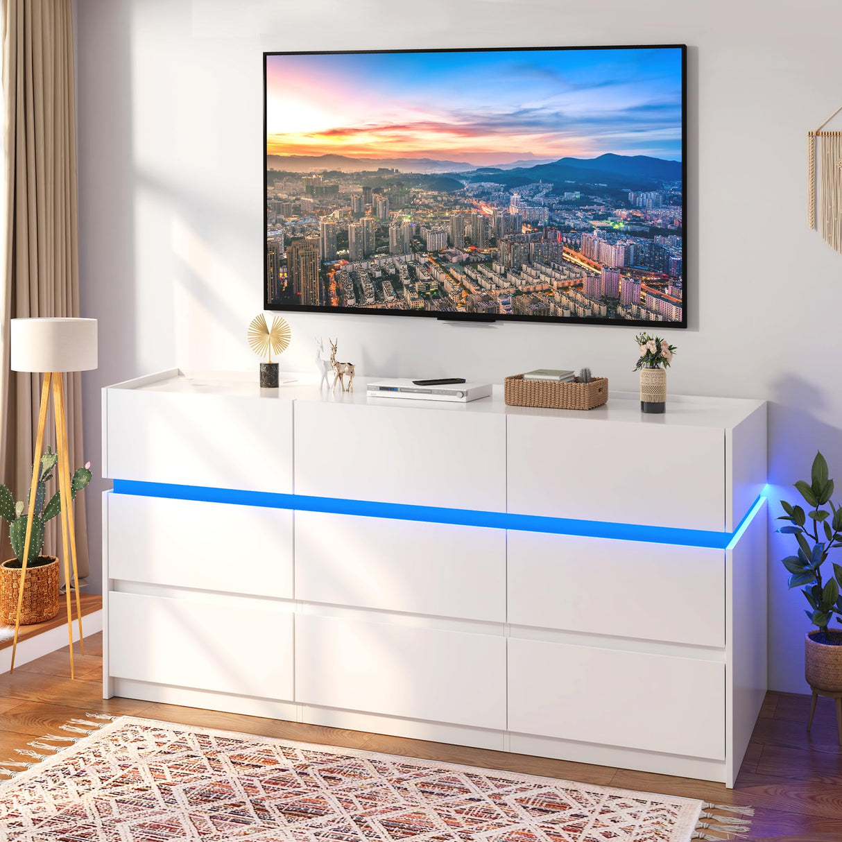 OTUTUMUS White Dresser of 9 Drawers - 61” Wide Chest of Drawer Organizer, Modern TV Stand Storage Cabinets with Large Wood Drawers for Bedroom, Living Room, Entryway, Hallway OTUTUMUS