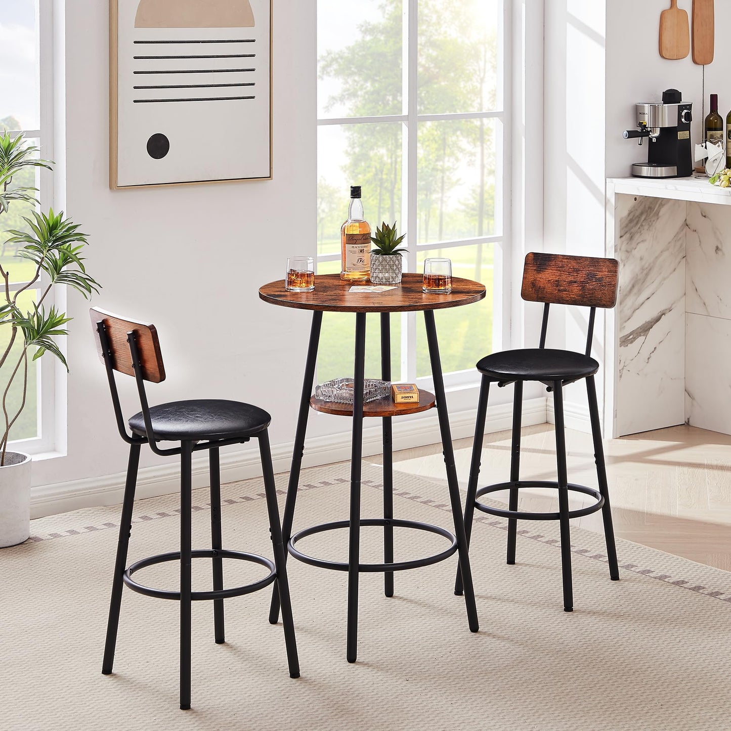 3 Pieces Bistro Table and Chairs Set, Industrial Counter Height Round Bar Table with Storage Shelf, 2 PU Upholstered Seat Stools with Backrest & Footrest, for Kitchen, Bar, Small Space, Rustic Brown